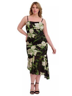 Siena Black Green Floral Asymmetric Formal Event Dress Size 1X